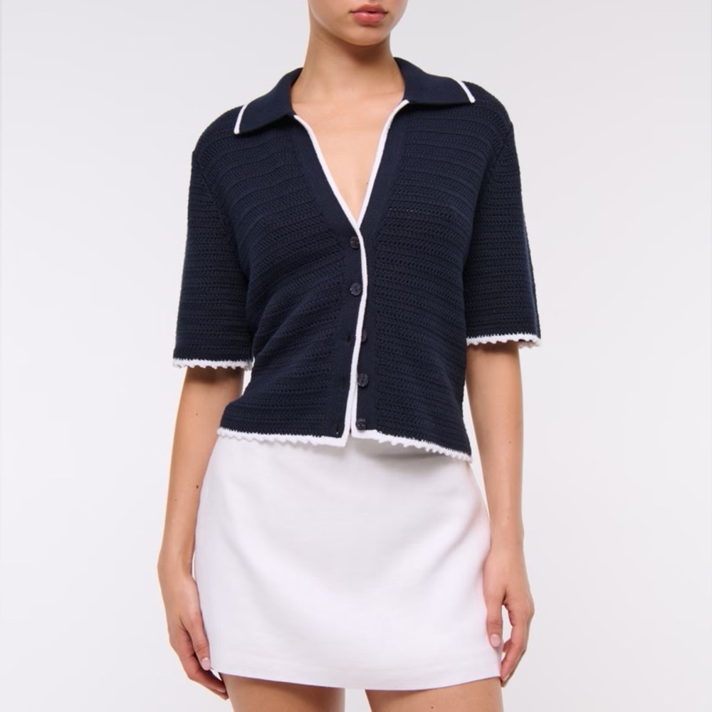 Abercrombie Navy Short-Sleeve Crochet- Style Polo